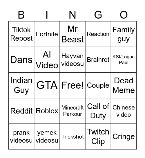 Shorts Bingo Card