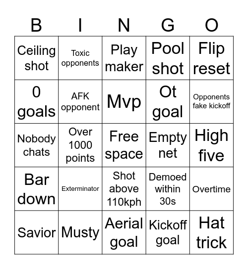 Rocket league bingo Card