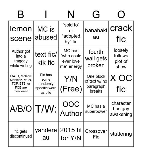 Wattpad bingo Card