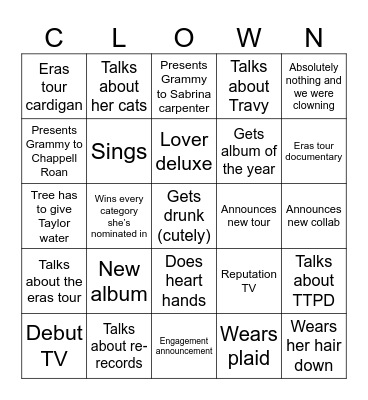 Grammy’s 2025 (Taylor’s version) Bingo Card