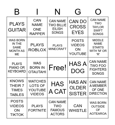 Year 10 Music Bingo Card