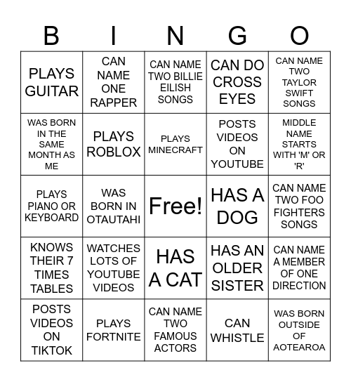 Year 10 Music Bingo Card