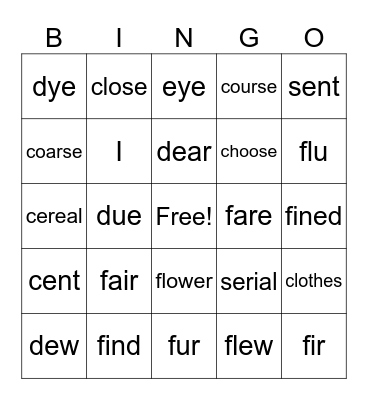 Homophones Bingo Card