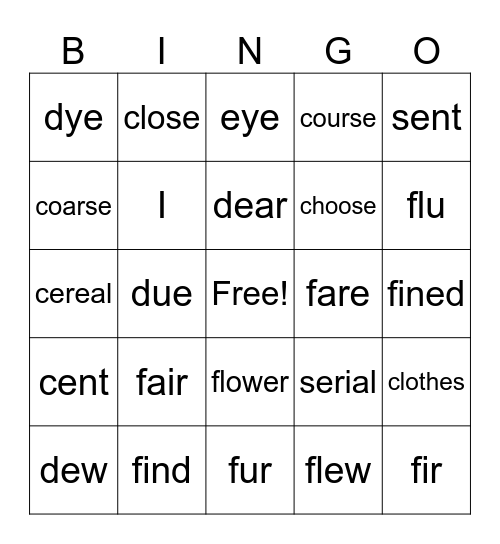 Homophones Bingo Card