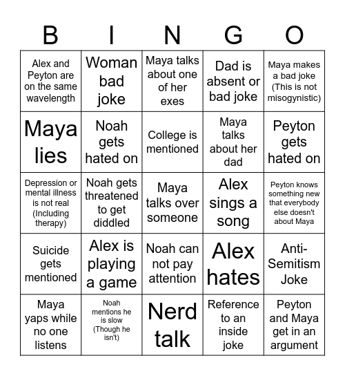Friday Night Call Bingo Card