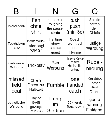 Superbowl Bingo Card
