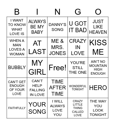 Love Songs R1 Bingo Card