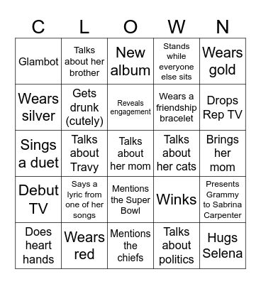 Grammy’s 2025 (Taylor’s version) Bingo Card