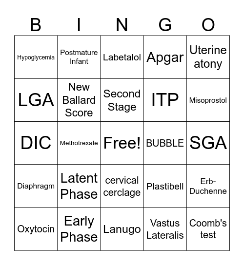 Maternal Newborn Bingo Card