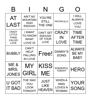 Love Songs R1 Bingo Card