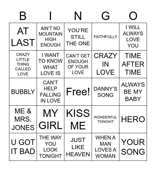 Love Songs R1 Bingo Card