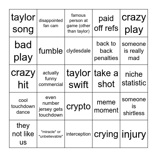 SUPER BOWL BINGO Card