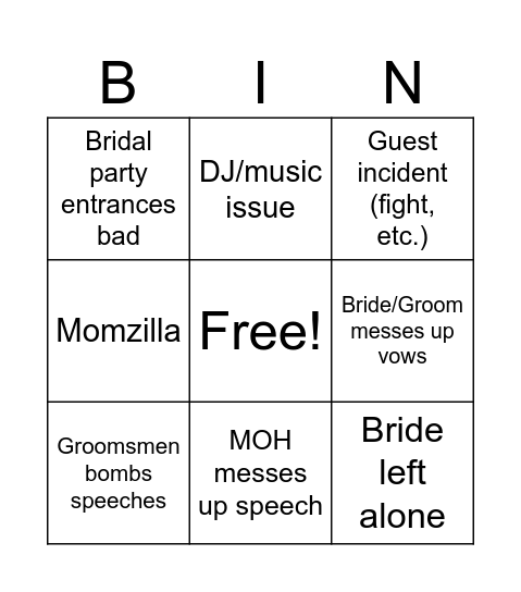 Wedding Bingo Card