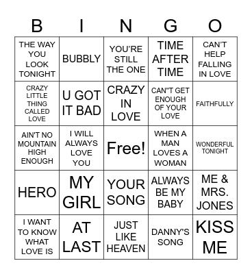 Love Songs R1 Bingo Card