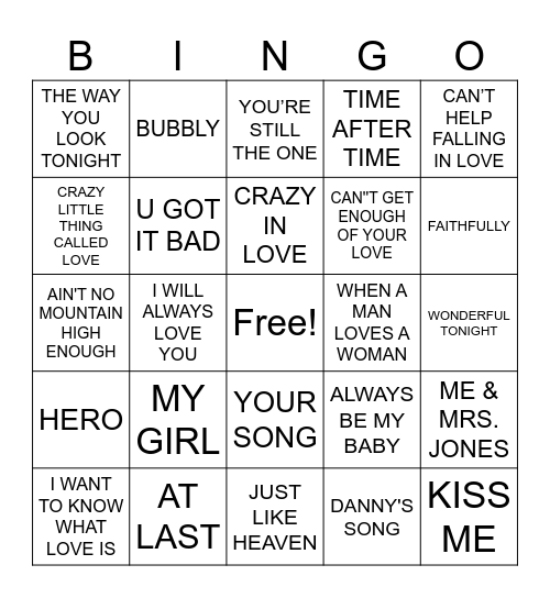 Love Songs R1 Bingo Card