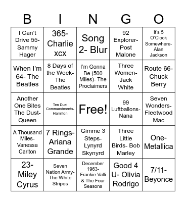 Number Songs Bingo Card