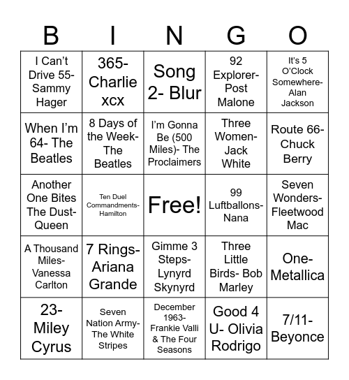 Number Songs Bingo Card