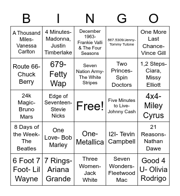 Number Songs Bingo Card
