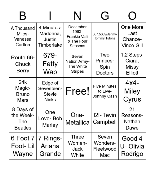 Number Songs Bingo Card
