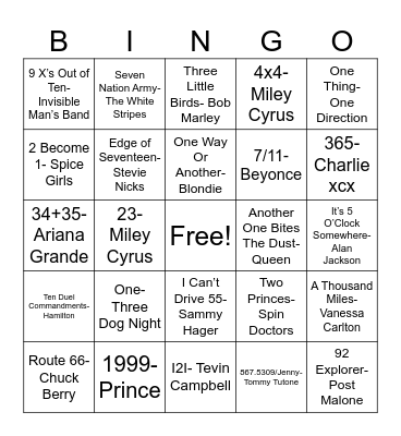 Number Songs Bingo Card