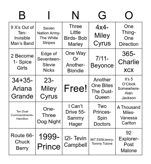 Number Songs Bingo Card