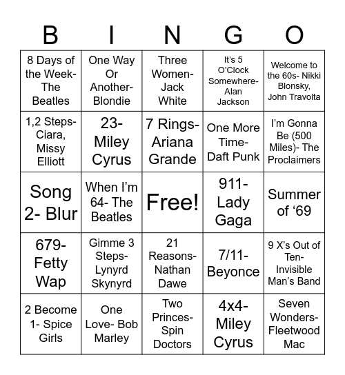 Number Songs Bingo Card