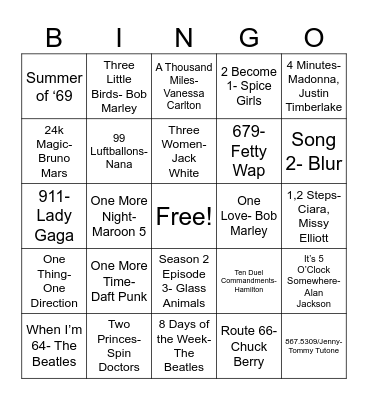 Number Songs Bingo Card