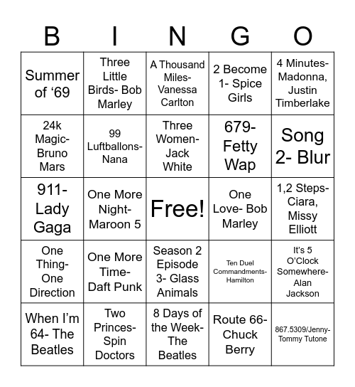 Number Songs Bingo Card