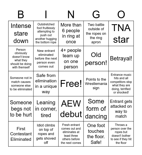 Women's Royal Rumble Bingo Card