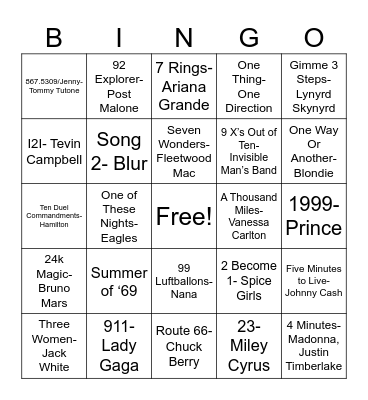 Number Songs Bingo Card