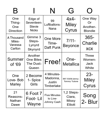 Number Songs Bingo Card