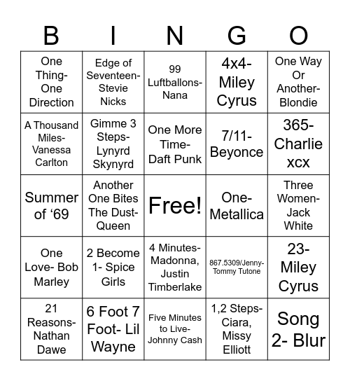 Number Songs Bingo Card