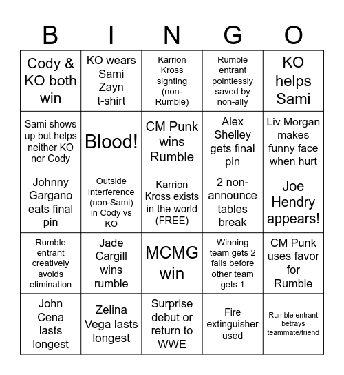 2025 Royal Rumble Bingo Card