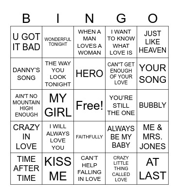 Love Songs R1 Bingo Card
