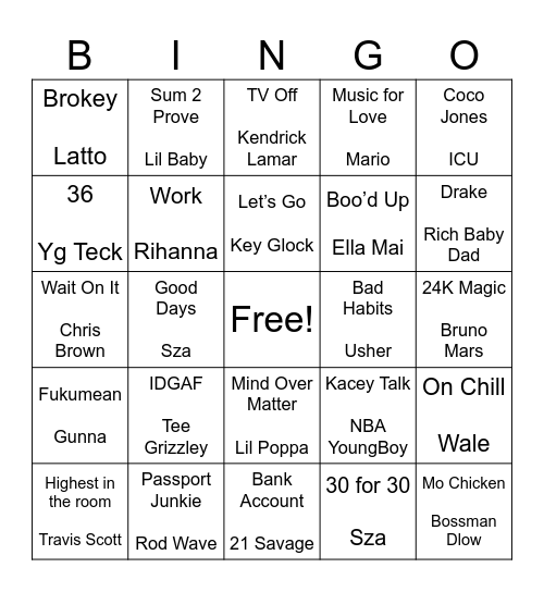 Hip-Hop & RnB Bingo Card