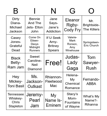 Name Songs Bingo Card