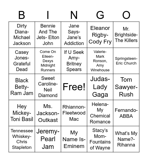 Name Songs Bingo Card
