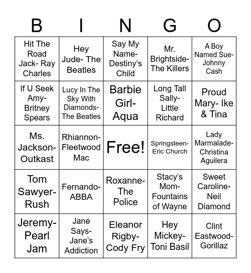 Name Songs Bingo Card