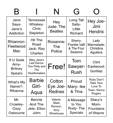 Name Songs Bingo Card