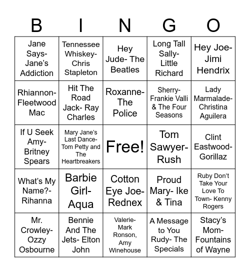 Name Songs Bingo Card