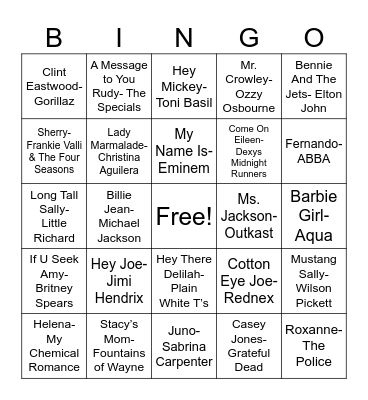 Name Songs Bingo Card