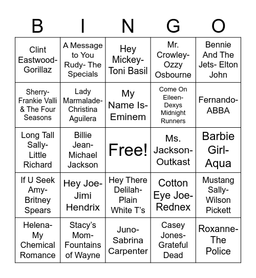 Name Songs Bingo Card