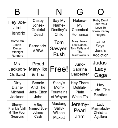 Name Songs Bingo Card