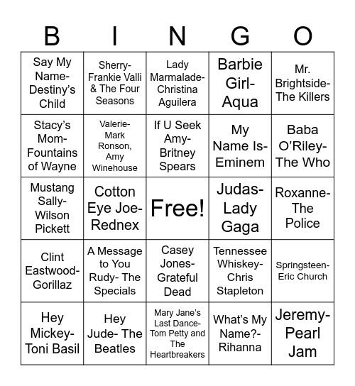 Name Songs Bingo Card