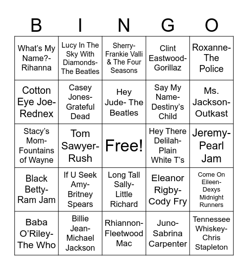 Name Songs Bingo Card