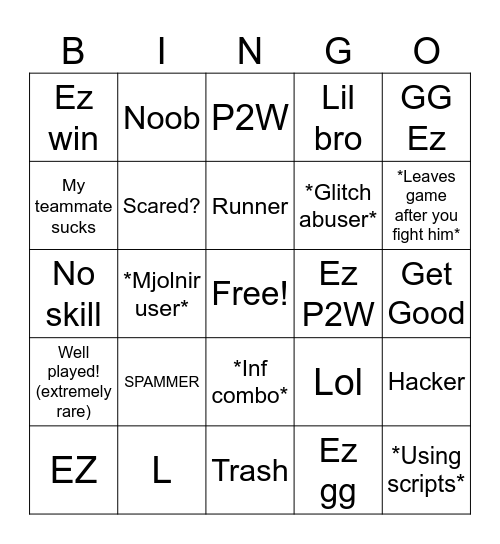 Duel Warriors Public Server Chat Bingo Card
