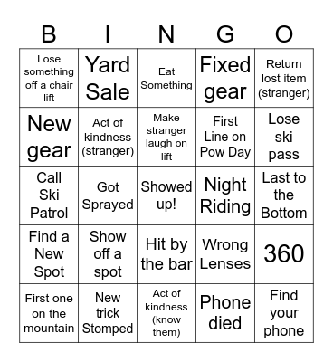Ski Bingo Card