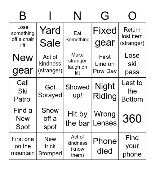 Ski Bingo Card