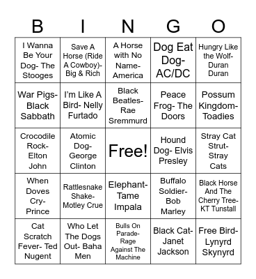 Animal Songs Bingo Card