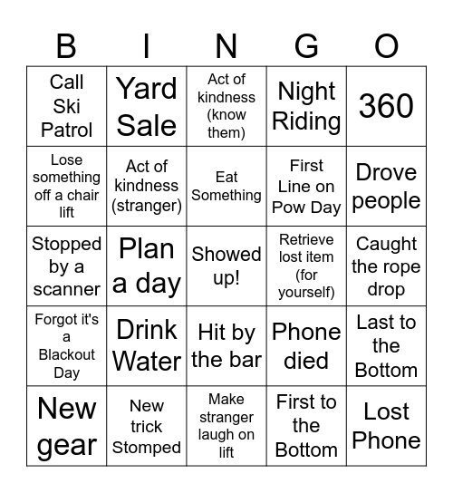 Ski Bingo Card